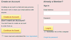 A customer can choose whether they would like to create an account, or simply continue to place the order as a guest.